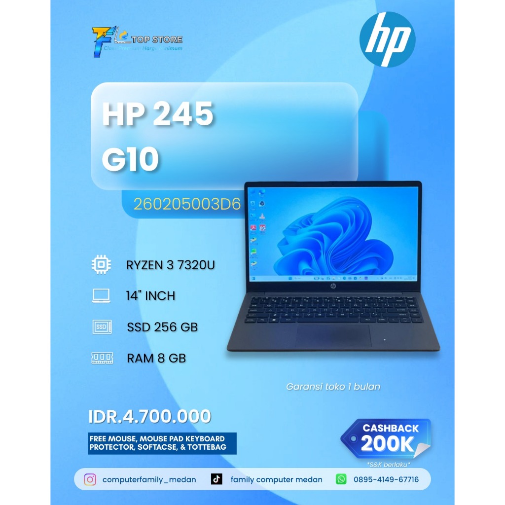 LAPTOP HP 245 G10 RYZEN 3 3720U RAM 8GB SSD 256GB-SIAP PAKAI
