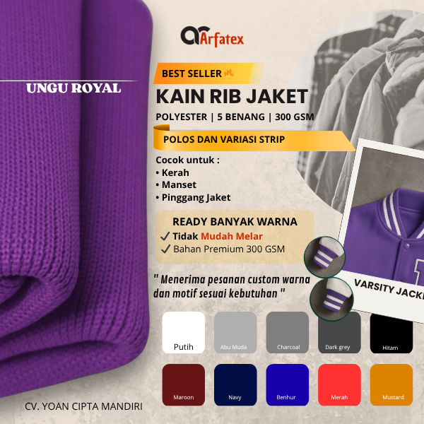 Kain rib bur ungu royal polyester premium untuk jaket varsity colorfull bisa custom