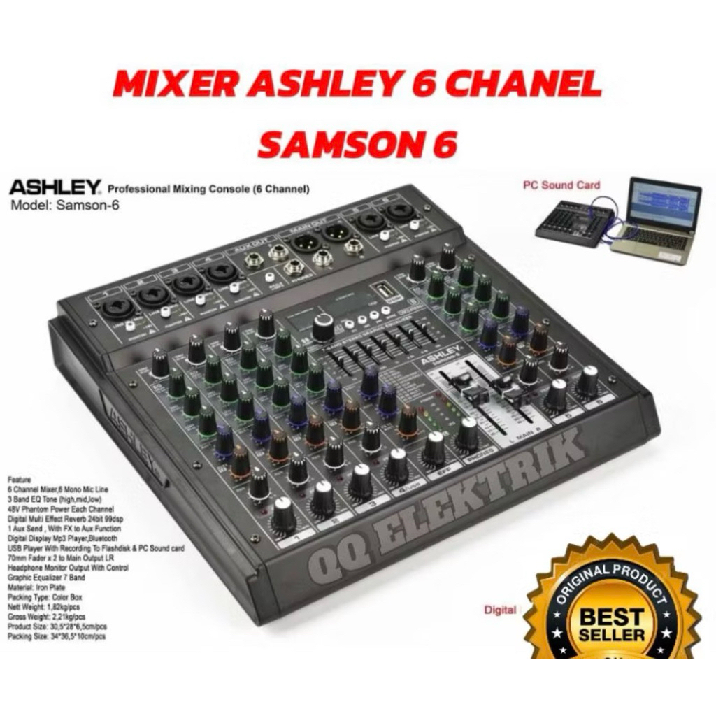 Mixer ASHLEY 6 Channel Samson 6 USB + Bluetooth Soundcard Efek 99 Dsp MP3 Recording Equalizer