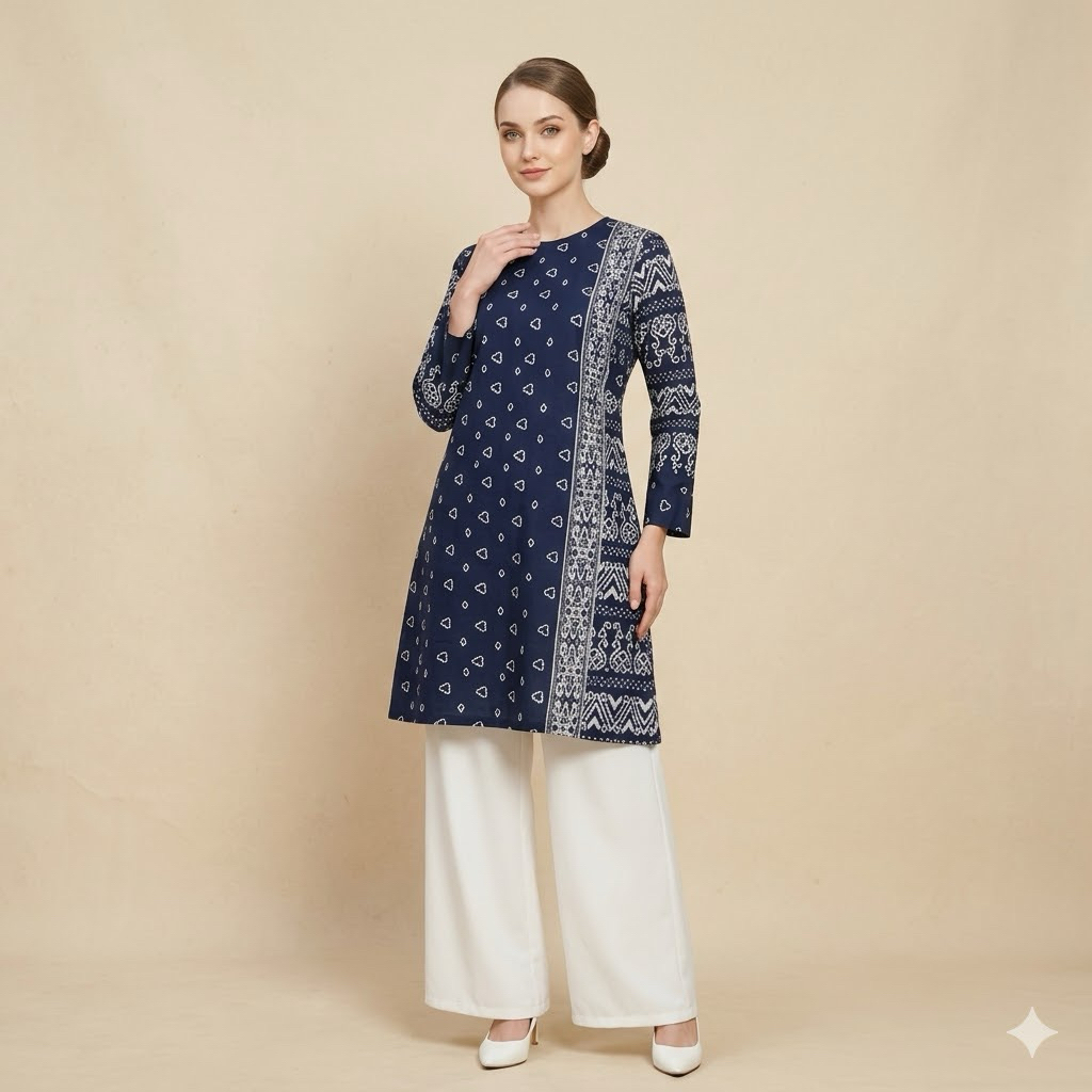 Shanaya Batik Tunik Mazaya Navy Batik Cap Garutan Tumpal Garis