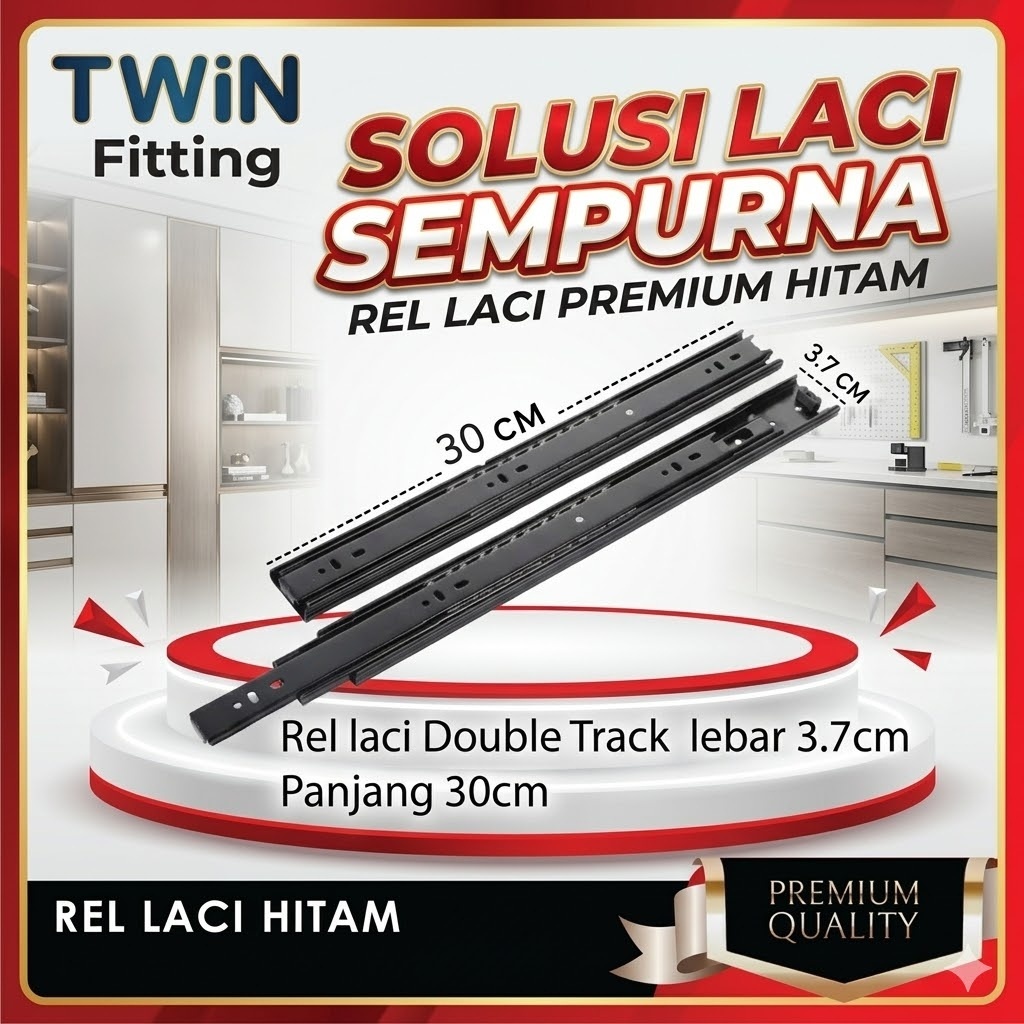 TWIN Rel Laci Double Track 30cm Ball Bearing Full Extension - Rel Teleskopik Lemari Kabinet Premium