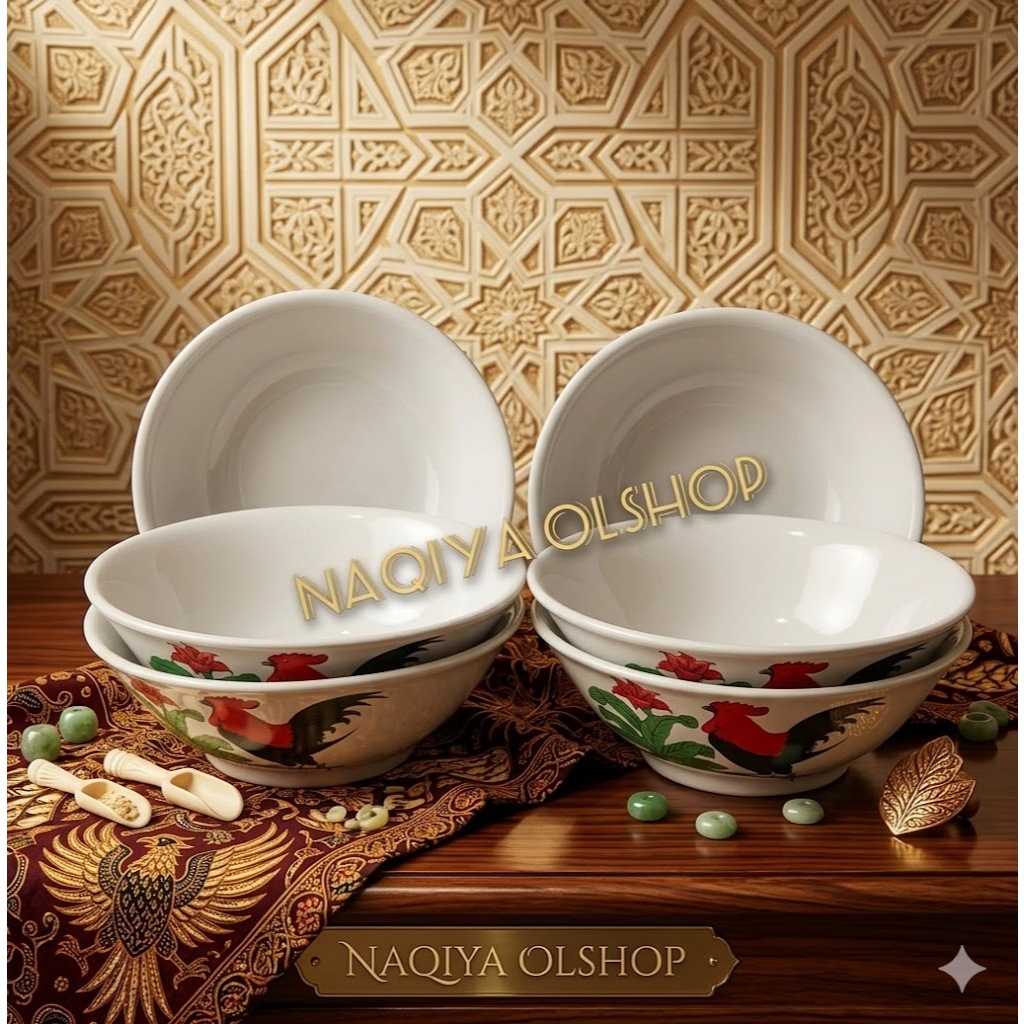 Mangkok Beling Keramik Putih Motif Ayam Jago /Mangkok Bakso Mie Ayam /Mangkok Ayam Jago