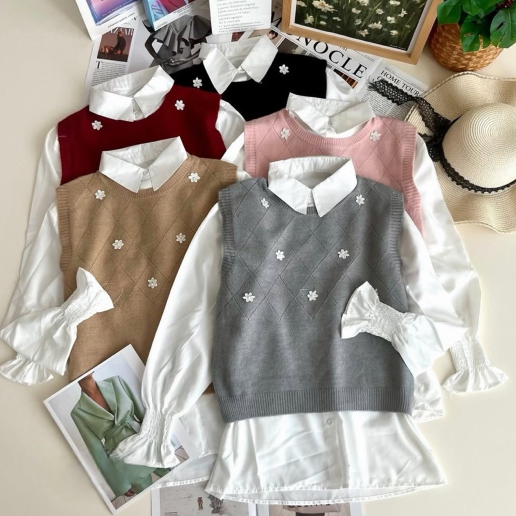 ADERA SHIRT 2in1 | Kemeja with vest | Vest knit | Kemeja Wanita