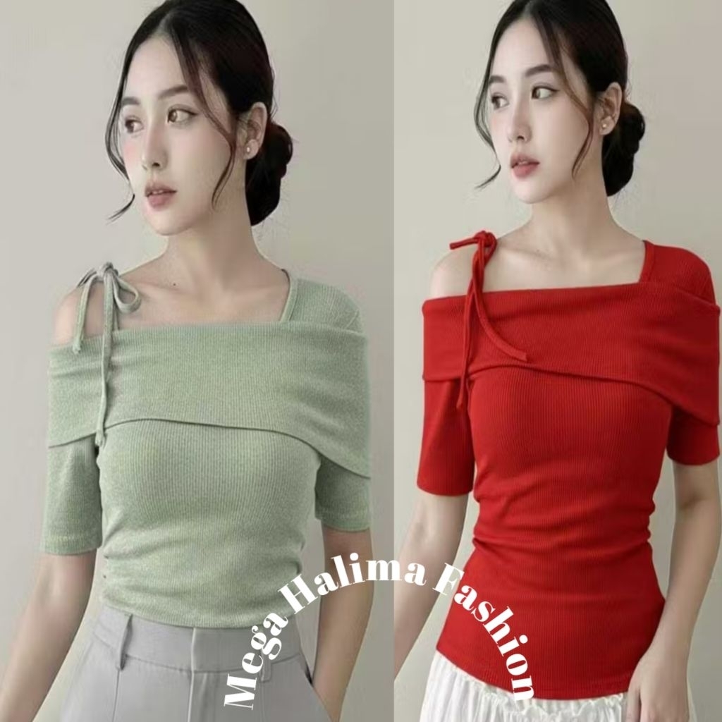 Model Terbaru Davina Knit Top214 Atasan  Baju Wanita Lengan Pendek Pita Basik Short Sleevee Koran