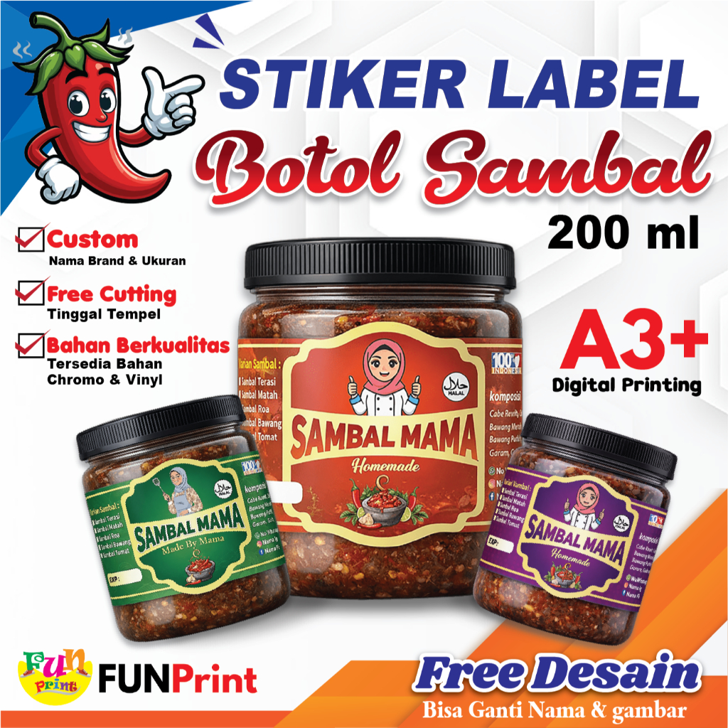Cetak Stiker Sambal Label Toples Botol Kemasan 200 gram Bisa Custom Gratis Desain & Ukuran