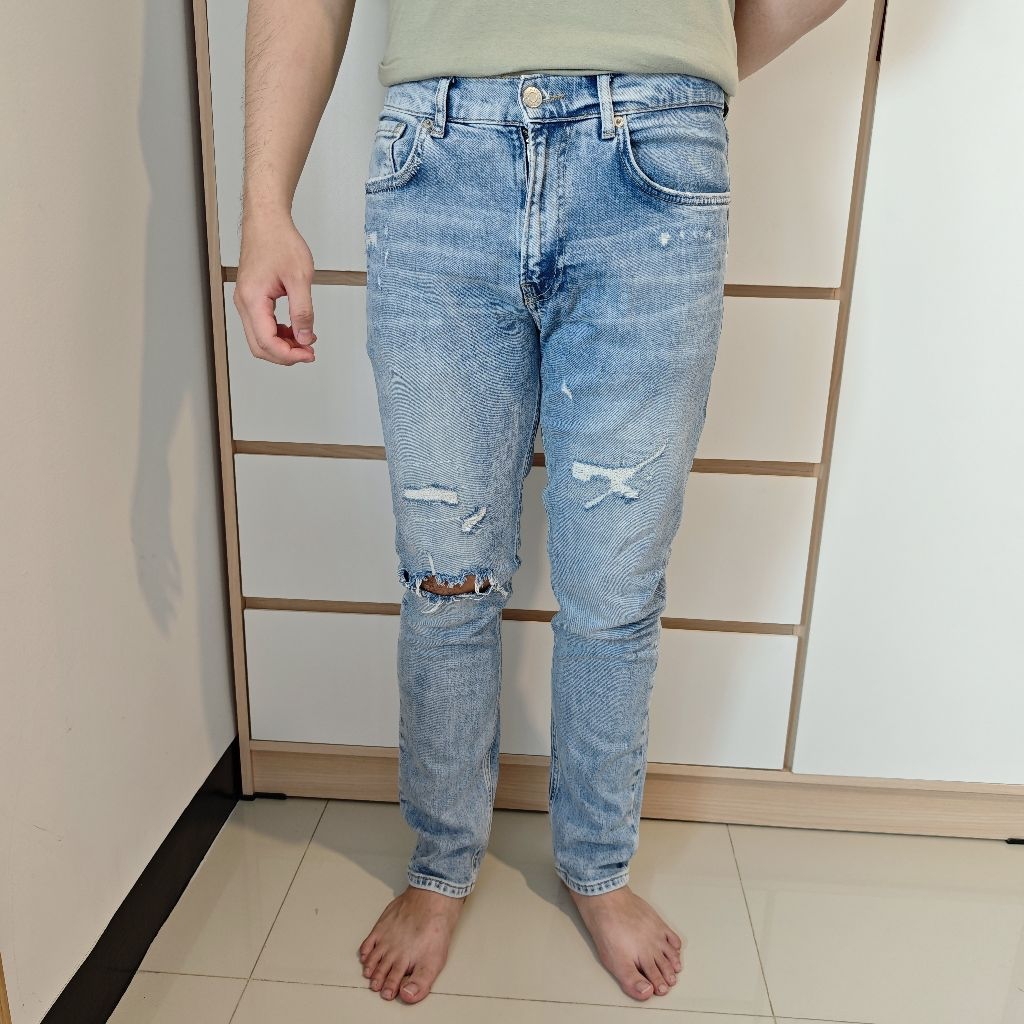 Zara Man Skinny Ripped Blue Jeans