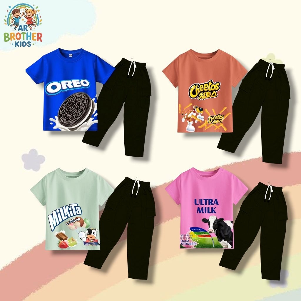 Setelan Anak Motif Snack Jajanan - Baju Anak Viral unisex Usia 1-11 Tahun