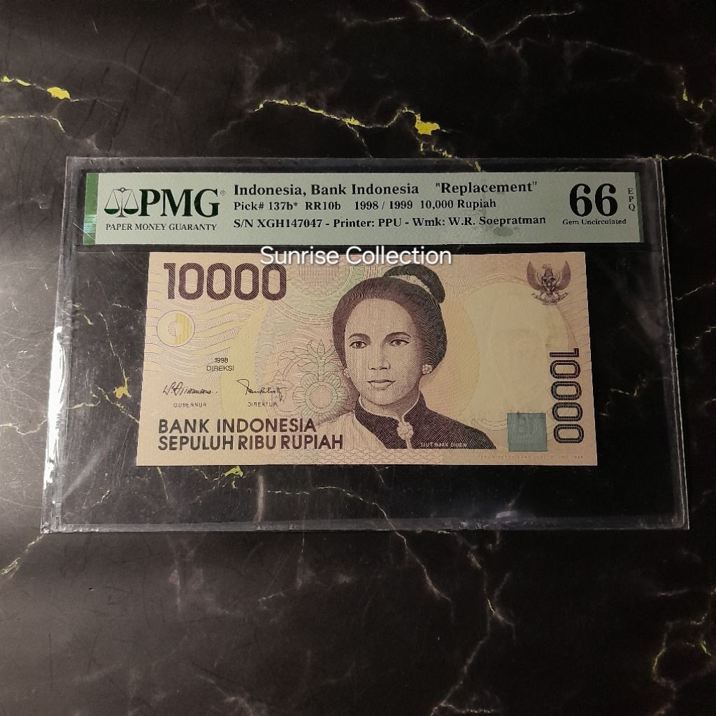 Uang Kuno Indonesia PMG 66 EPQ 10000 Cut Nyak Dien Tahun 1998 Seri X Replacement