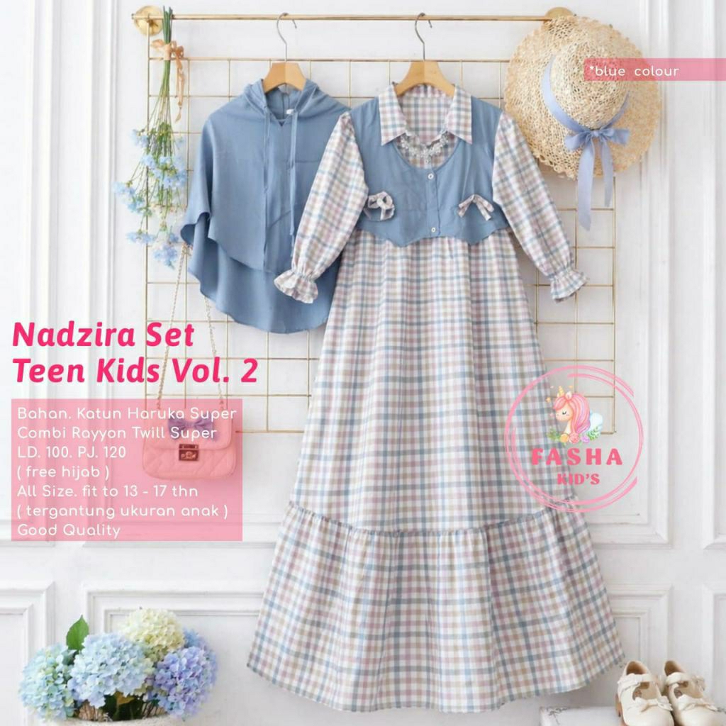 Nadzira set gamis rayon motif kotak kotak (free+hijab) dress anak remaja usia 13-17tahun