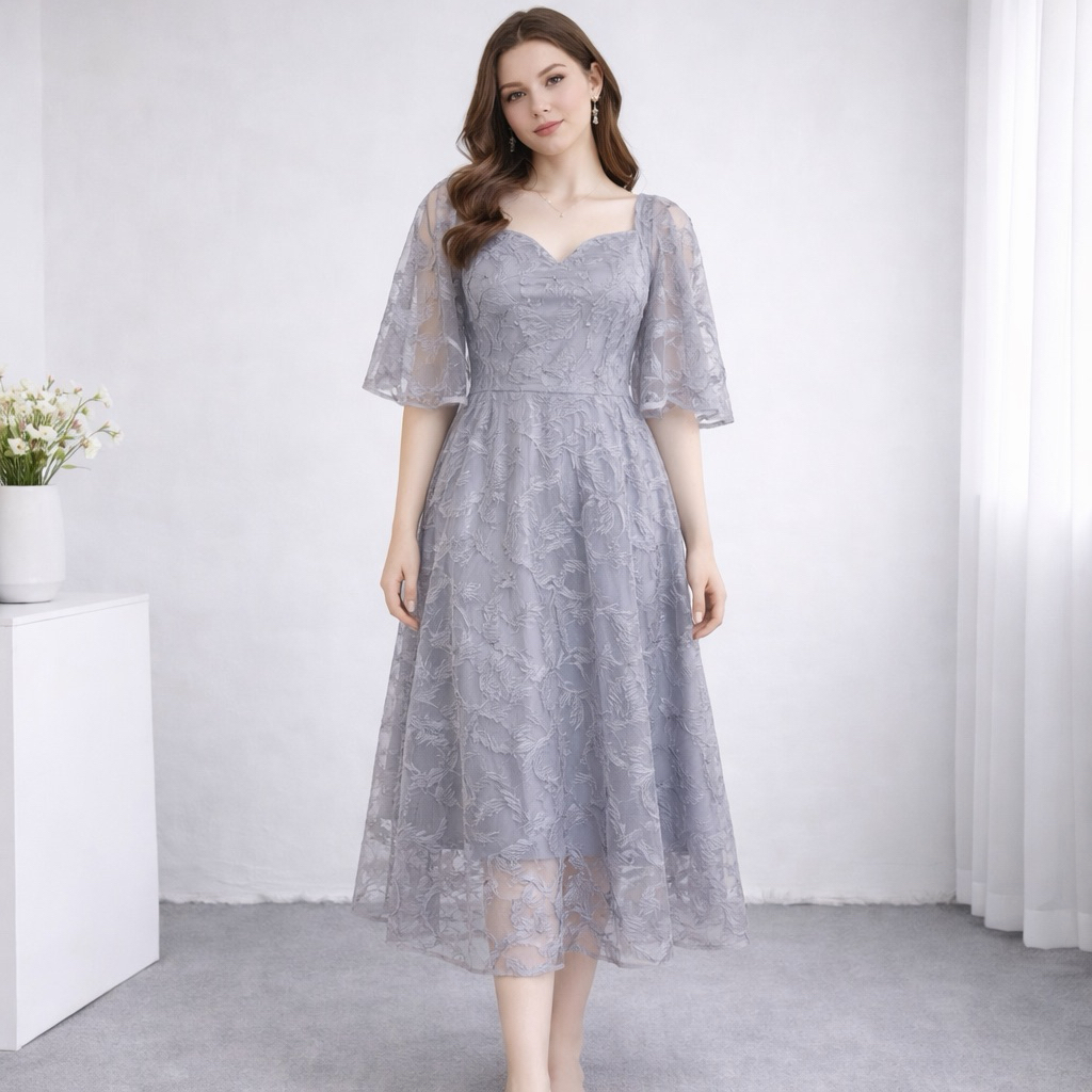 Chiobushop - Maria Midi Dress Brukat Gaun Party Dress Bridesmaid Kondangan Pesta | Prewedding Weddin
