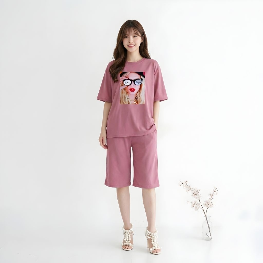 Set Melody Cat Setelan Jumbo Wanita Kaos Celana Pendek Big Size Baju Santai Rumahan Oversize Fh