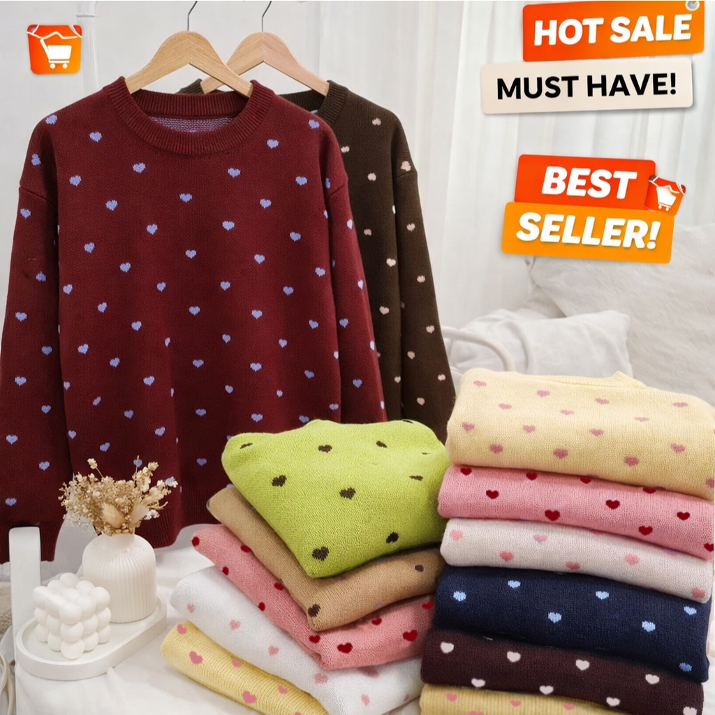 Sweater Polka Love Atasan Wanita Bahan Rajut Acrylic Premium