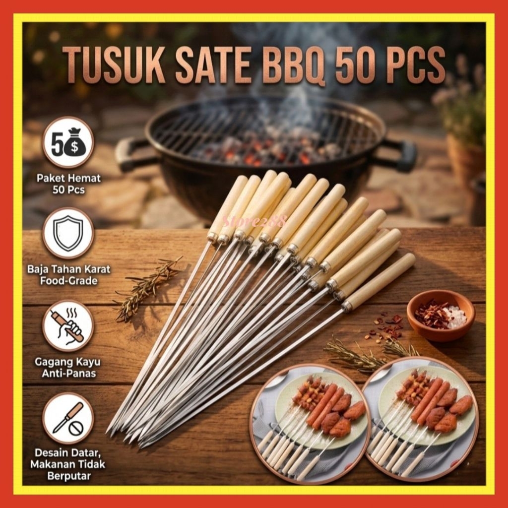 Alat Tusuk Sate Skewers Kebab Maker Alat Tusuk Sate BBQ Reusable Stain 33cm Tusukan Sate Barbeque St