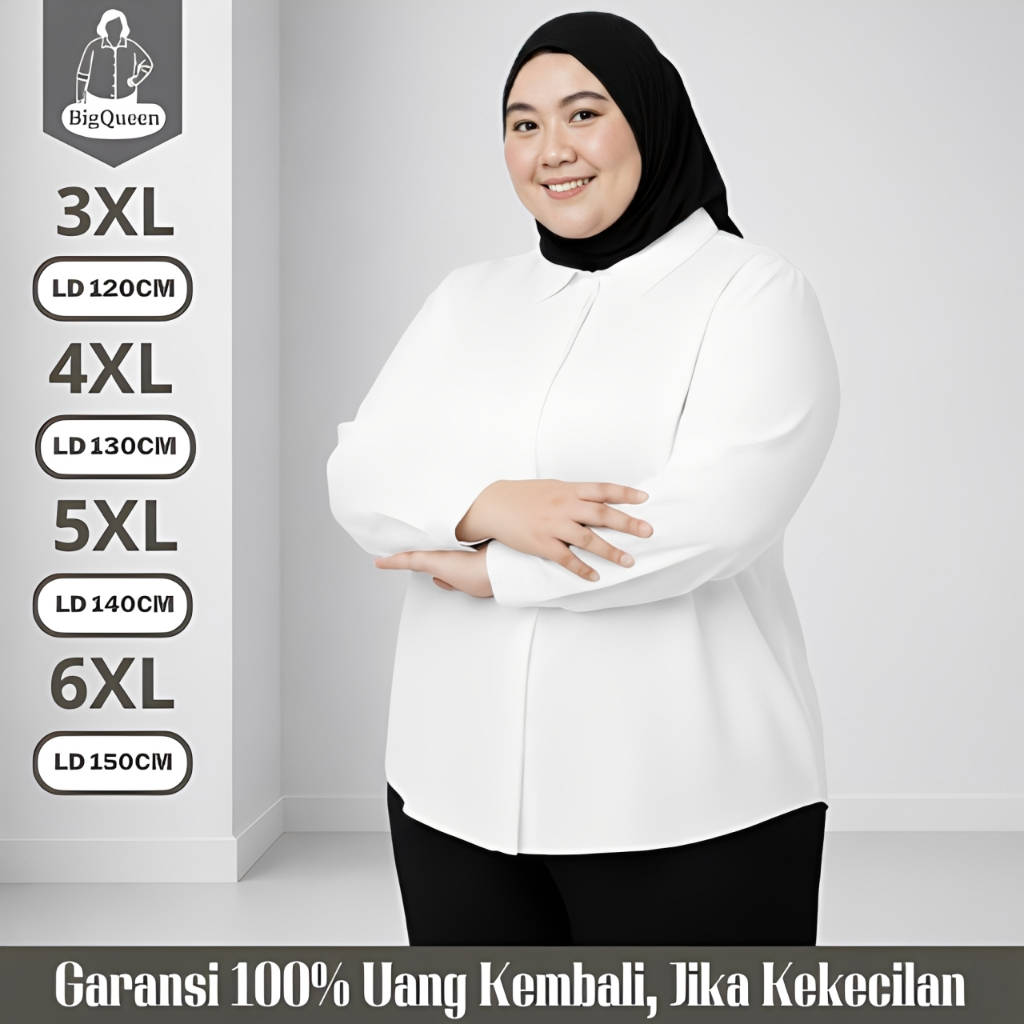 Kemeja Putih Jumbo Wanita Lengan Panjang Polos LD 120 130 140 150