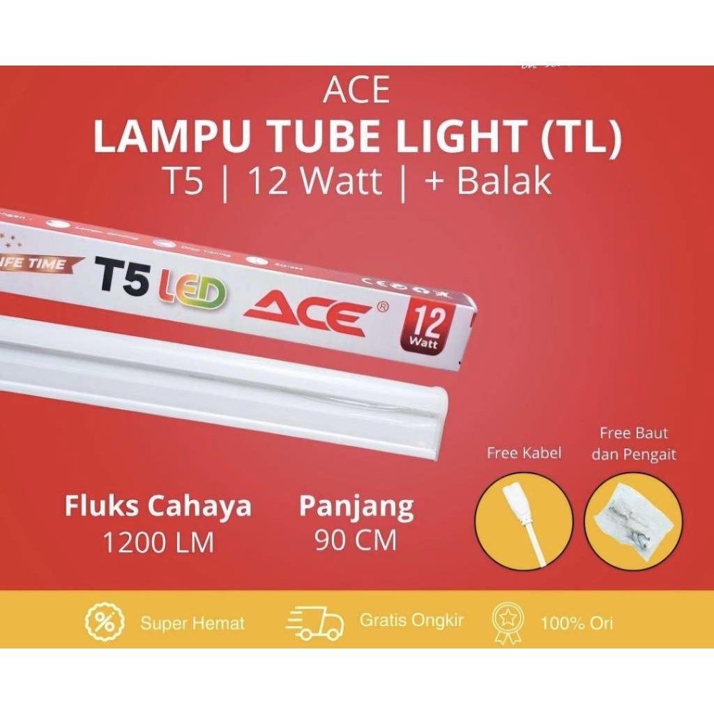 Lampu T5 LED ACE 4W 8W 12W 16W 4Watt 8Watt 12Watt 16Watt LED Putih Merah Hijau Biru Kuning Warm Whit