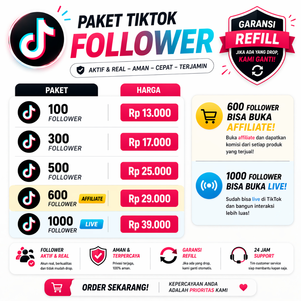 Followers TikTok Murah Permanen Real Aktif Indonesia | Jasa Tambah Akun TT Bergaransi Refill Anti Dr