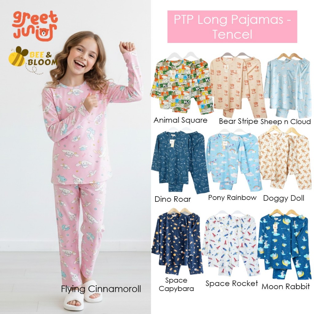 Greet Junior PTP Long Pajamas Tencel | Baju Tidur Anak Unisex bahan Tencel | Pyama Tencel Anak