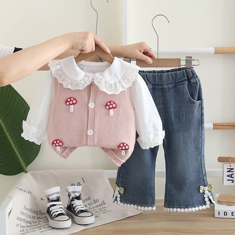 Setelan Celana Jeans Panjang Import & Atasan Kemeja Lengan Panjang Mix Rompi Rajut Full Kancing Moti