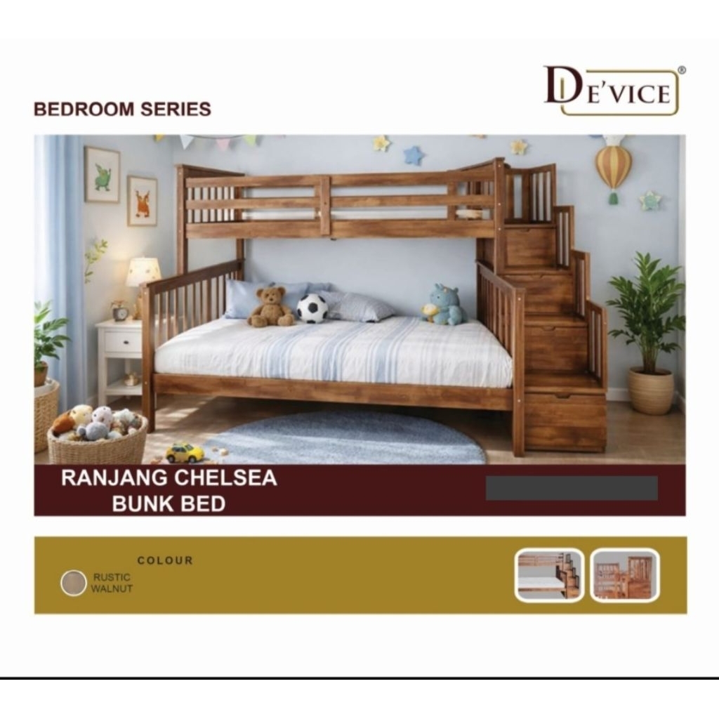 Bunk bed Ranjang tingkat tangga warna Rustic Walnut, belum termasuk kasur. muat kasur 90x200cm dan 1