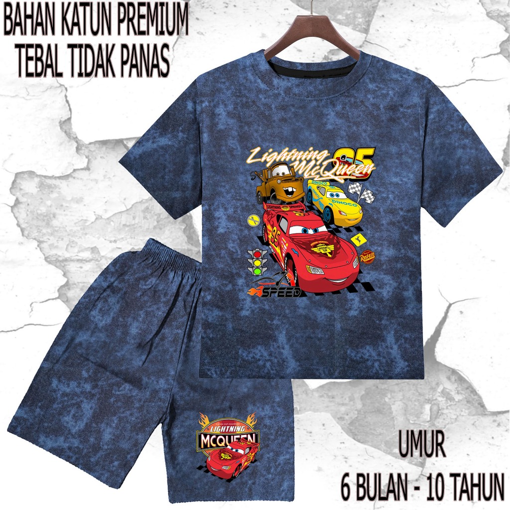 setelan baju anak - anak mobil mcqueen 3 umur/tahun 6 bulan - 10 tahun bahan katun premium sablon DT
