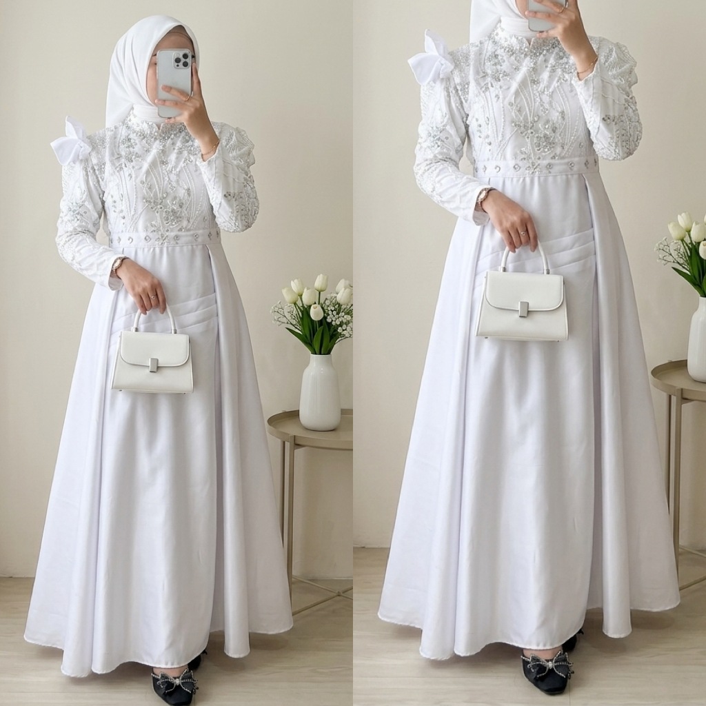 Gamis Satin Kombinasi Tile Payet Mutiara 76191 1 Baju Muslim Wanita