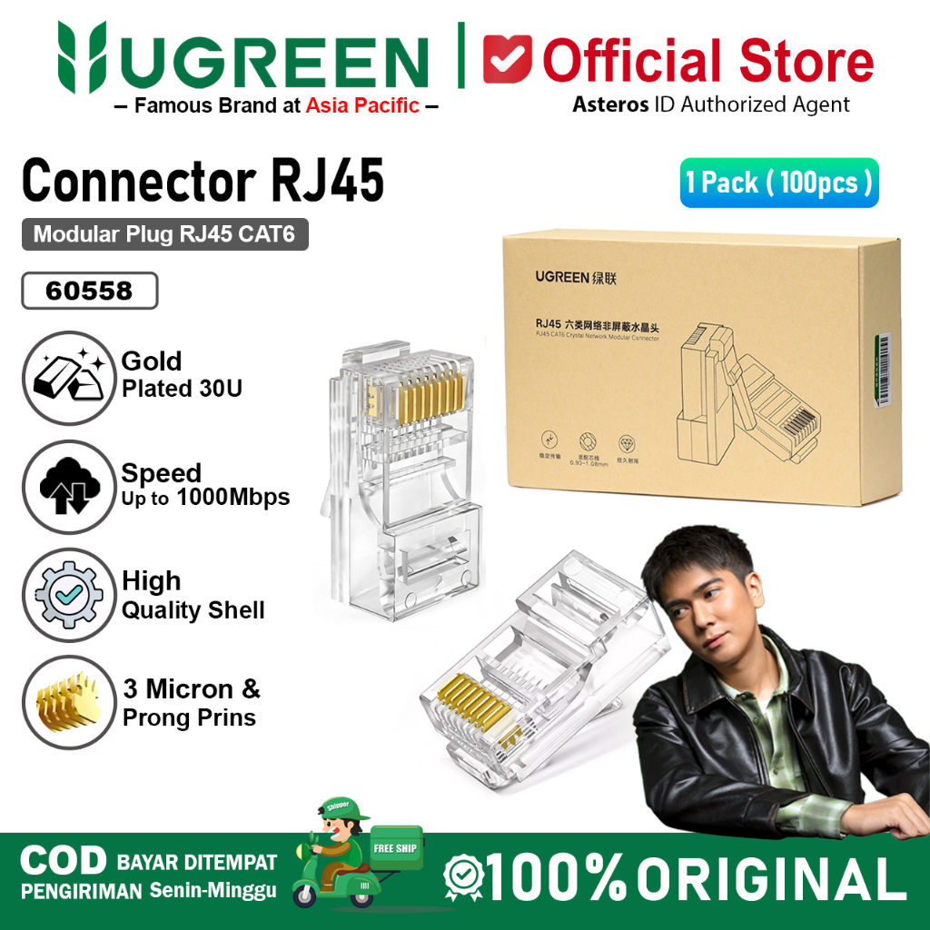 UGREEN Konektor RJ45 Cat5e Cat 6 UTP STP/FTP Modular Plug Ethernet Gigabit 100 Pcs