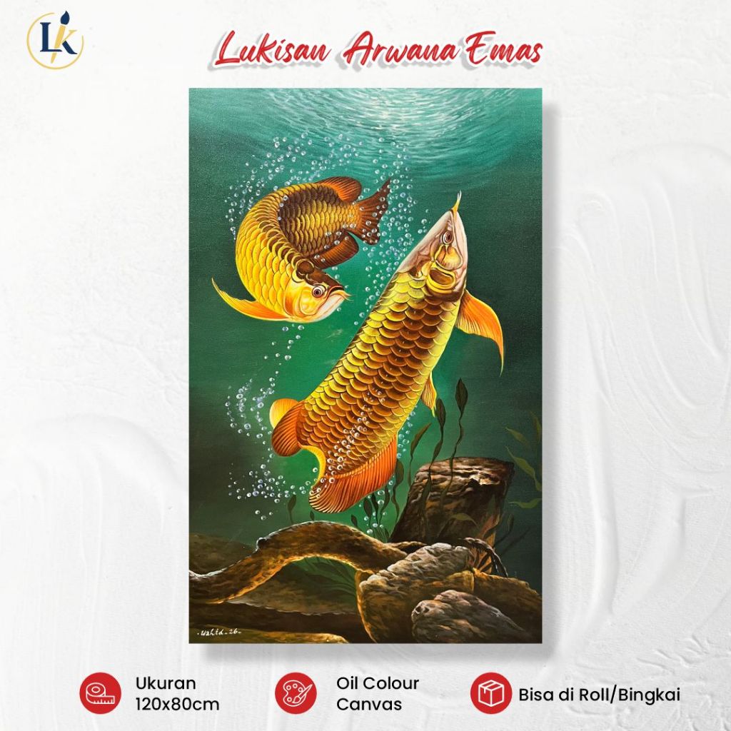 Lukisan Kanvas - Lukisan Ikan Arwana Emas 120x80cm Handmade Hiasan Dinding Ruang Tamu