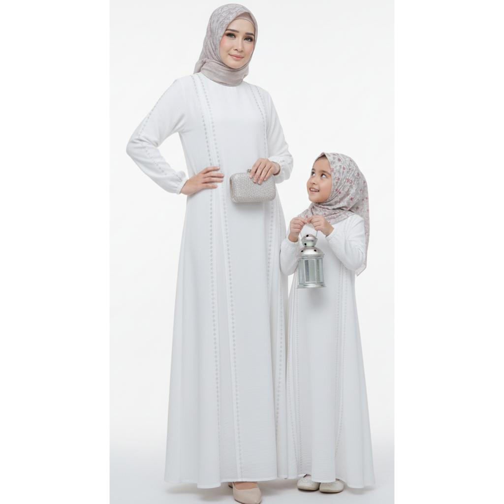 Bisa COD Gamis Abaya Naumi Couple Ibu Dan Anak Perempuan Warna Putih Kombinasi Swaroski Terbaru