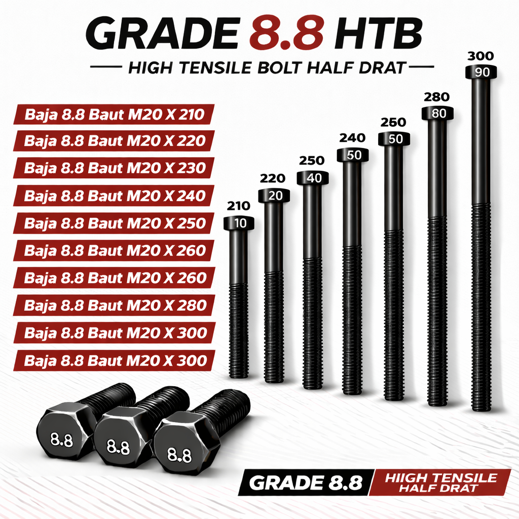 Baja 8.8 Baut M20X300 / Baut 20X300 / M20 X 300 / 20 X 300  Grade 8.8 HTB - High Tensile Bolt Half D