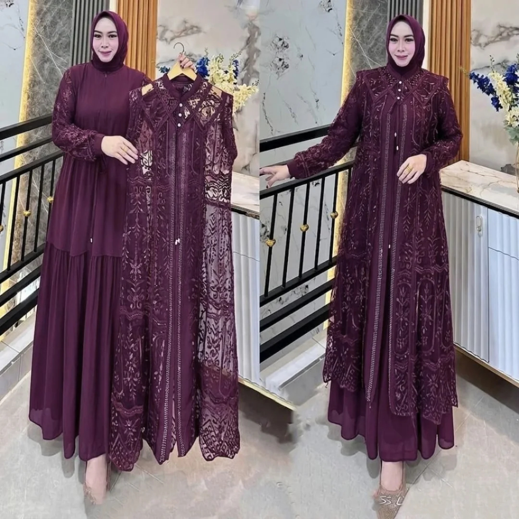 Gamis Brokat Mewah Mix Swarovski Selena Dress Gamis Ceruty Full Puring Gamis Rompi Brukat Model 2026