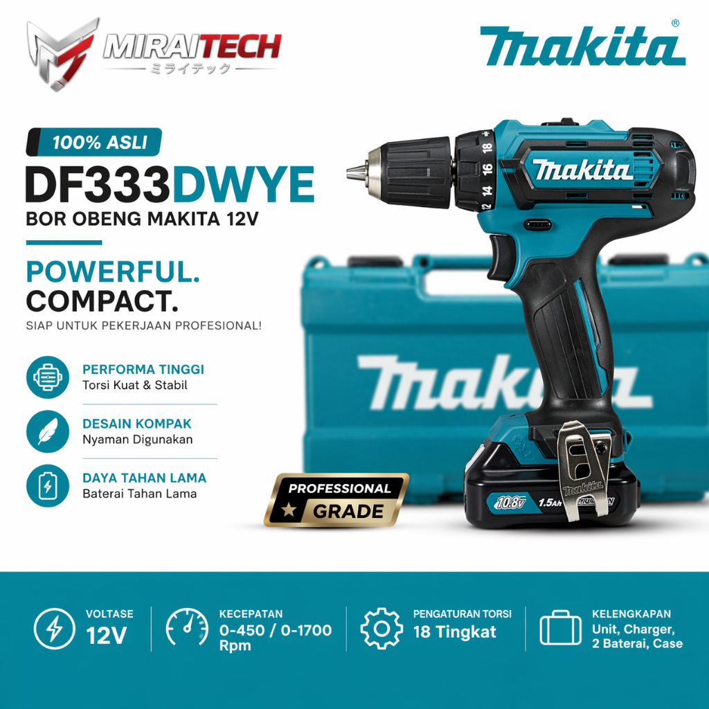 MAKITA - DF333DWYE Mesin Bor Cordless Baterai Original