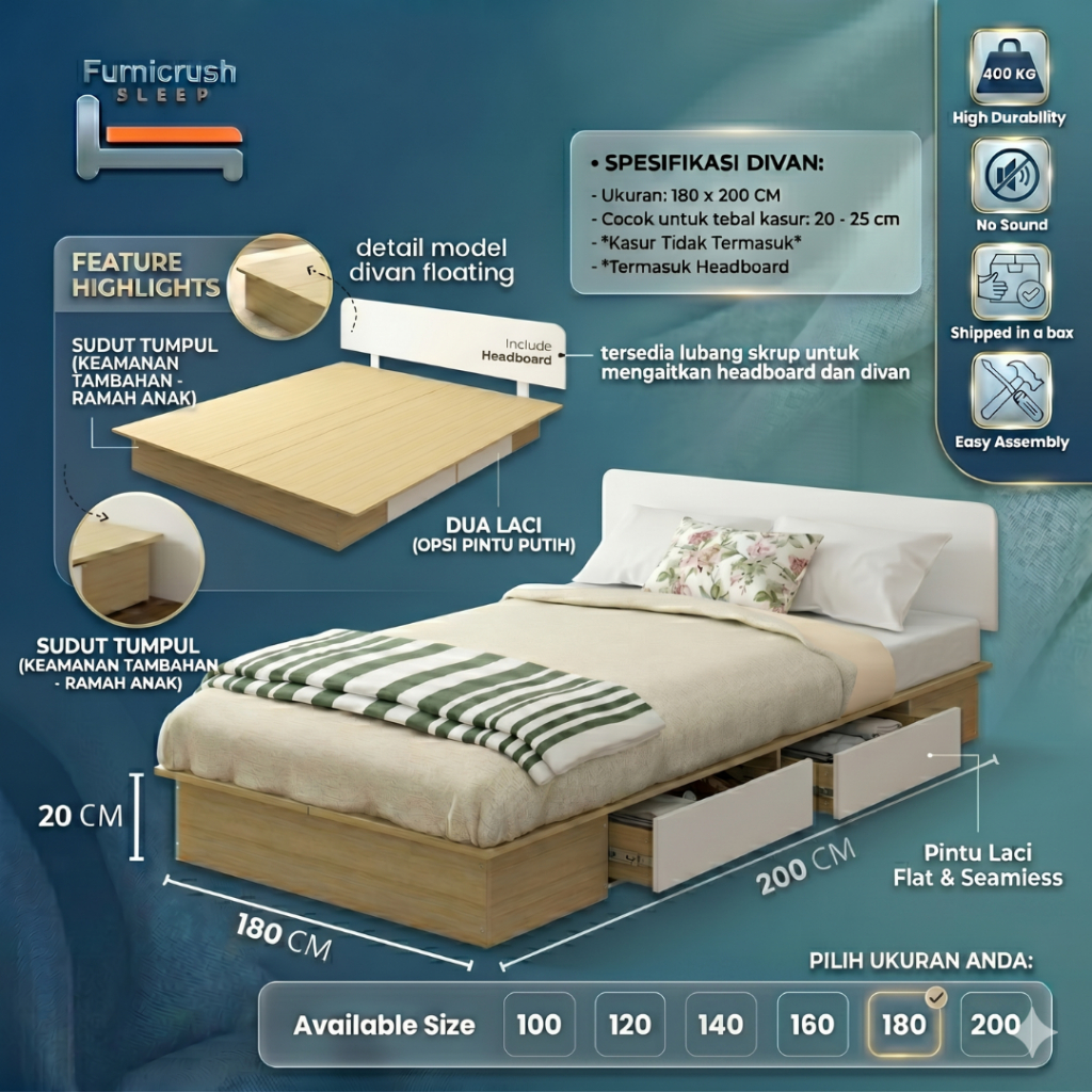 Furnicrush Sleep Dipan Kasur 180 X 200 / Ranjang Tempat Tidur / Divan 180 / Dipan Laci / Divan King 