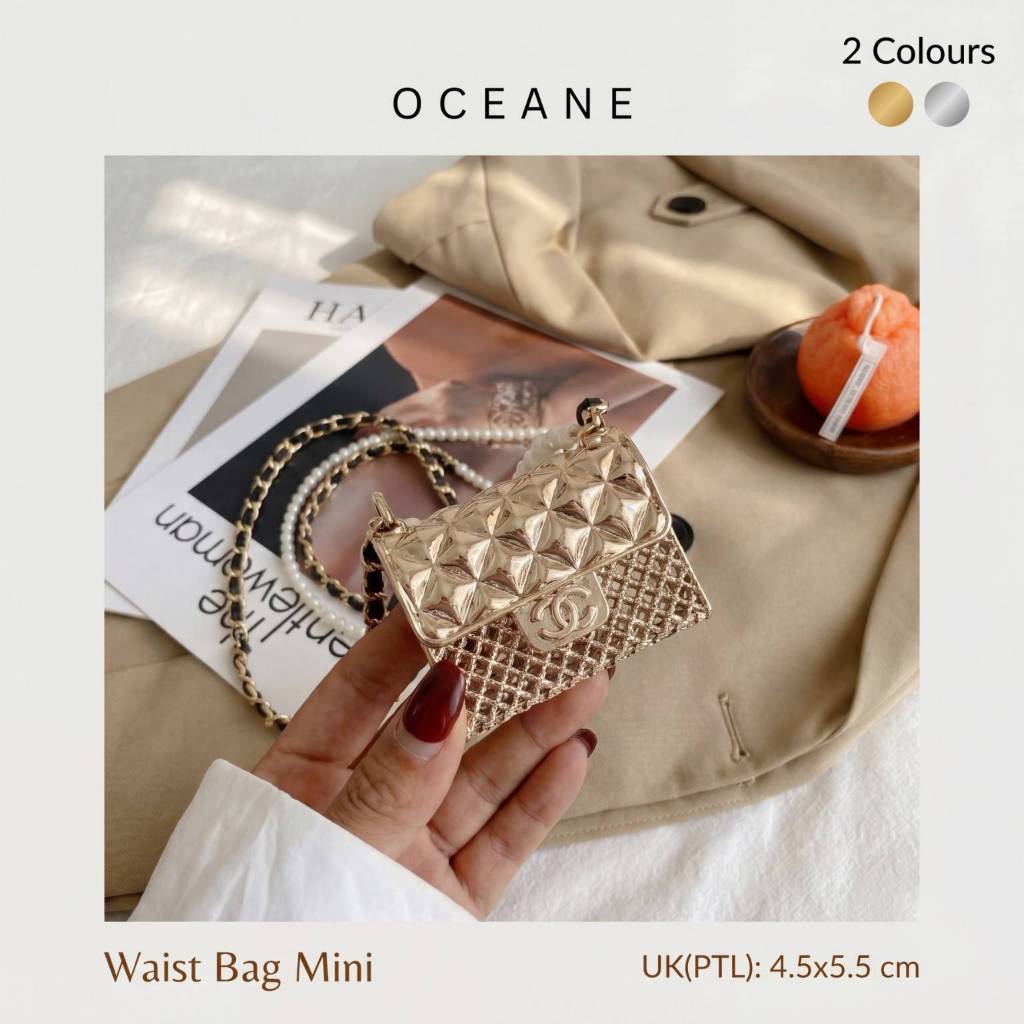 Waist Bag Mini Gold Tas Pinggang selempang Mini Korean Bag Rantai Mutiara Fashion Aksesoris Mini Tas