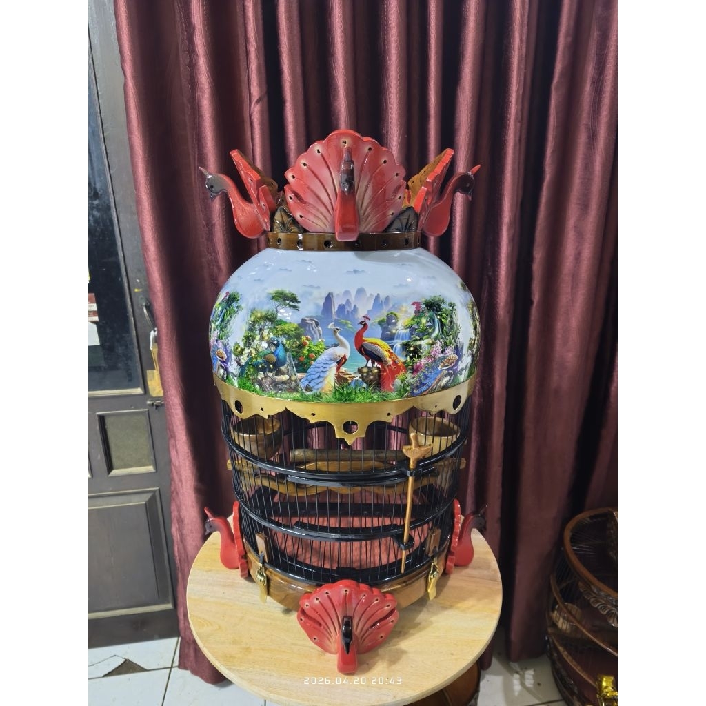Sangkar Perkutut kubah kayu jati motif merak