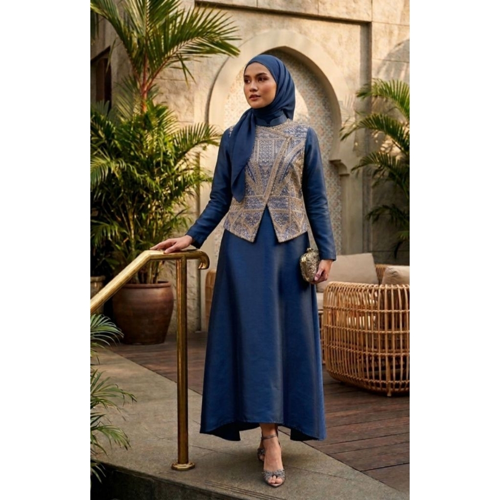 Denia Set Dress 2in1 - Gamis Silk & Vest Brokat Tile Premium - Baju Kondangan Muslimah Mewah - Setel