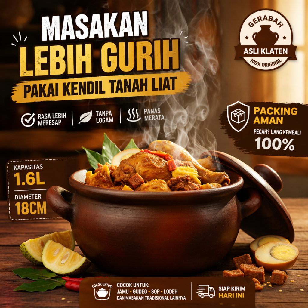 Panci Tanah Liat 1.6L 18cm – Kendil Rebus Jamu, Gudeg, Sop & Lodeh | Masakan Lebih Gurih | Gerabahku
