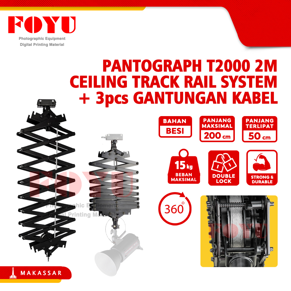 Pantograph T2000 (2M) Untuk Ceiling Track Rail System dan 3 pcs Gantungan Kabel Lighting Studio Foto