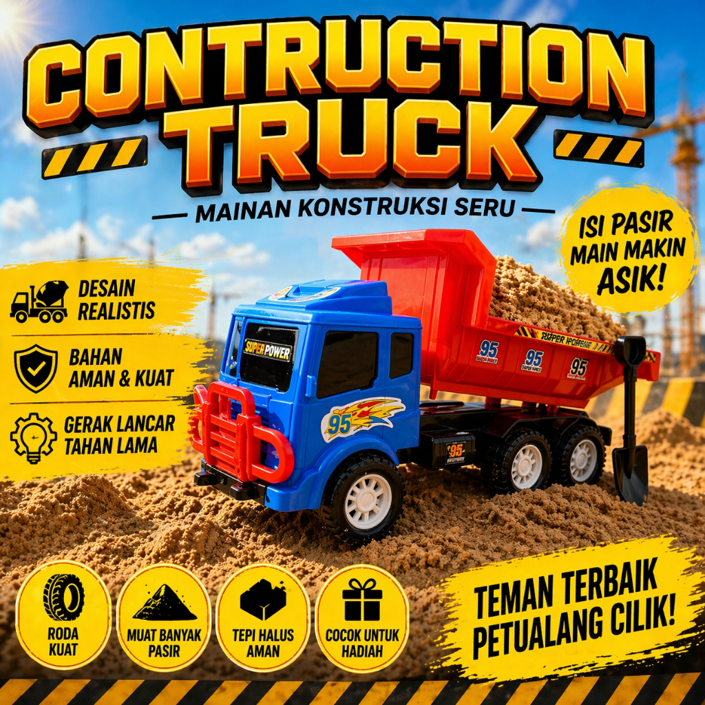 Mainan Truk Anak Dump Truck Besar 39cm MSD 95 – Mobil Konstruksi Angkut Pasir + Sekop, Roda Tebal ma
