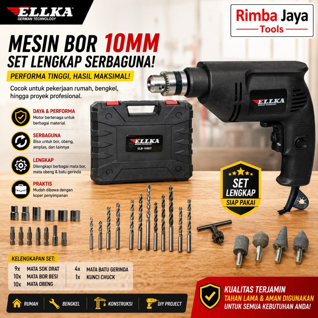 Mesin Bor Listrik Bor 10mm SET BOX -ELLKA Bor Beton Tembok Kayu Besi Putaran bolak balik Mesin Bor B