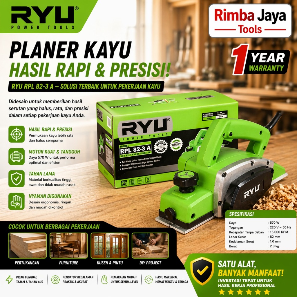 RYU Mesin  Planner RPL82-3A - Mesin Serut Kayu - Mesin Ketam - Perkakas - Perlengkapan Rumah > Alat 