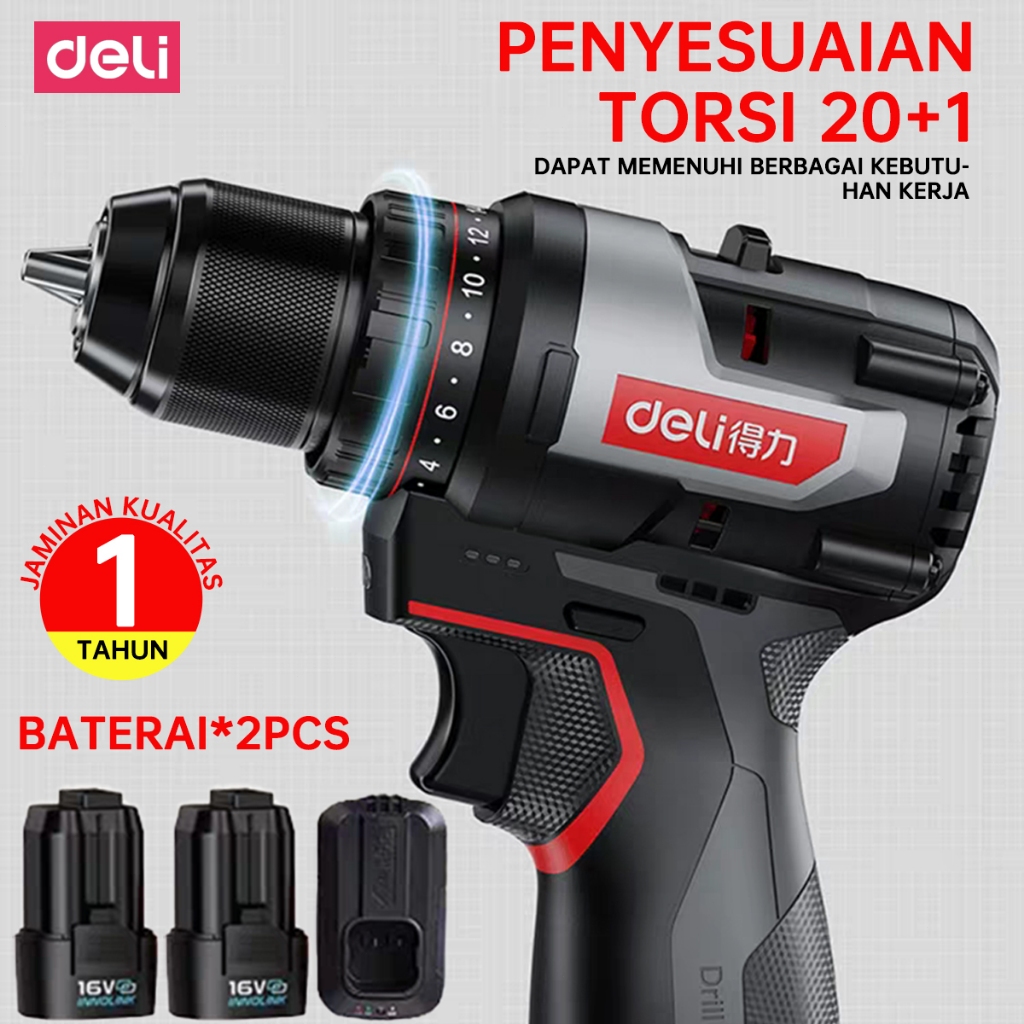 Mini Bor DELI - Bor Tangan Elektrik 16V Rechargeable Serbaguna Lithium Drill 2.0 Dual Battery
