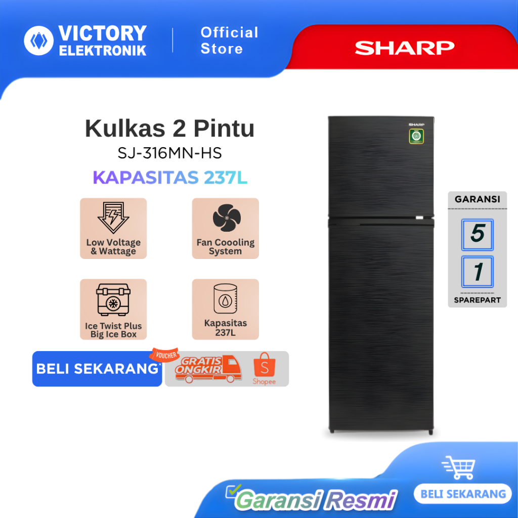 SHARP Kulkas 2 Pintu SJ-316MN-HS BERKAPASITAS BESAR 237L, Tempered Glass Kirei Series