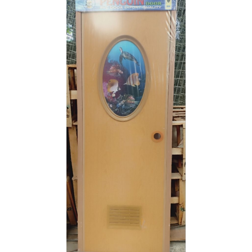 Pintu PVC Coklat Jati Kaca Oval / Pintu Kamar Mandi