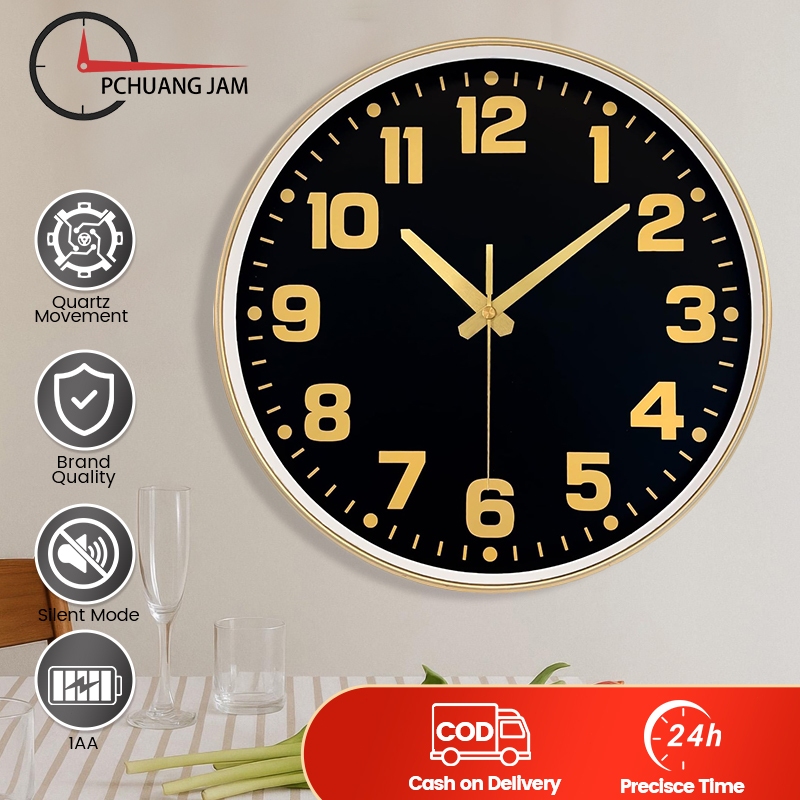 Jam dinding minimalis tanpa suara, tersedia dalam tiga ukuran: 20 cm, 25 cm, dan 30 cm. Beroperasi s