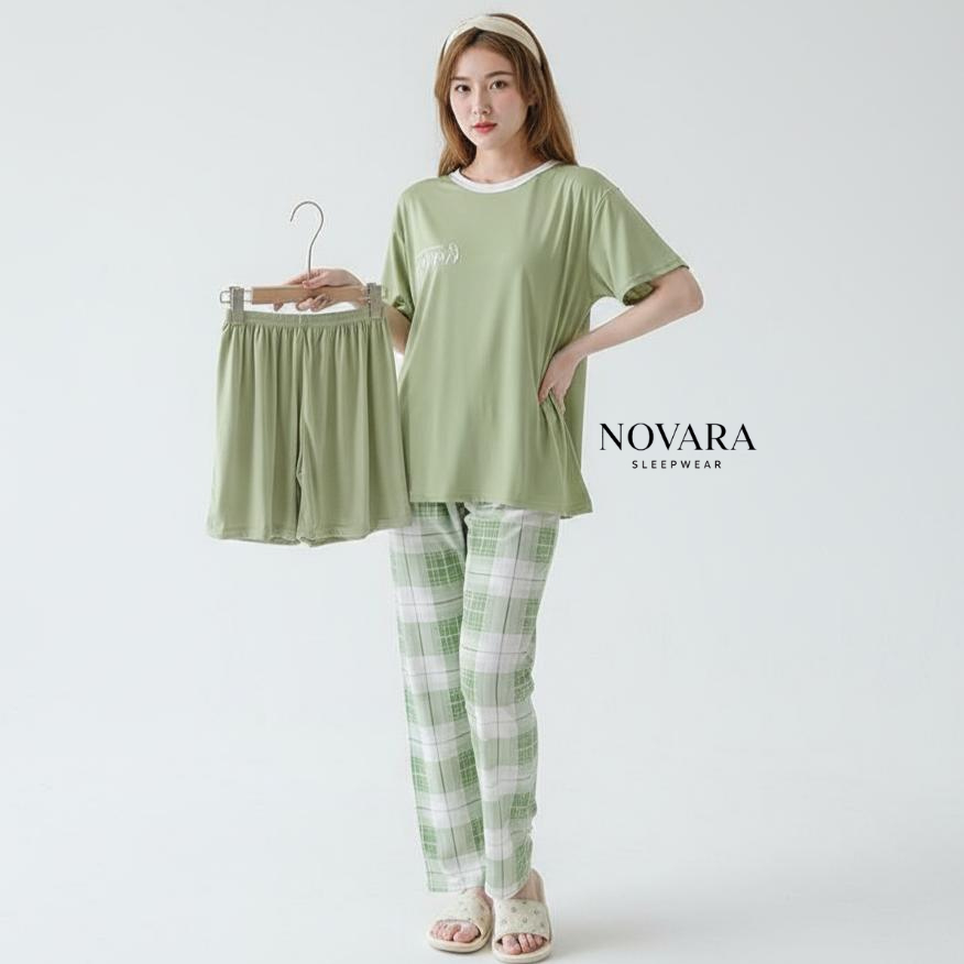 NOVARA Baju Tidur Wanita 3in1 Lengan Pendek | Baju Tidur Piyama Set Wanita 3in1 | Baju Tidur Wanita 