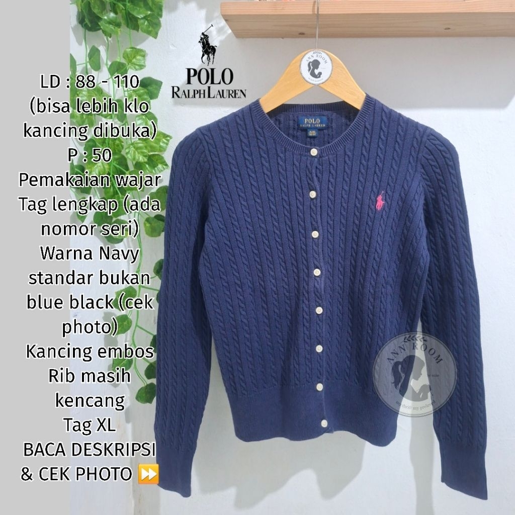 Polo Ralph Lauren Cardigan Rajut Kepang Navy Kuda Pink