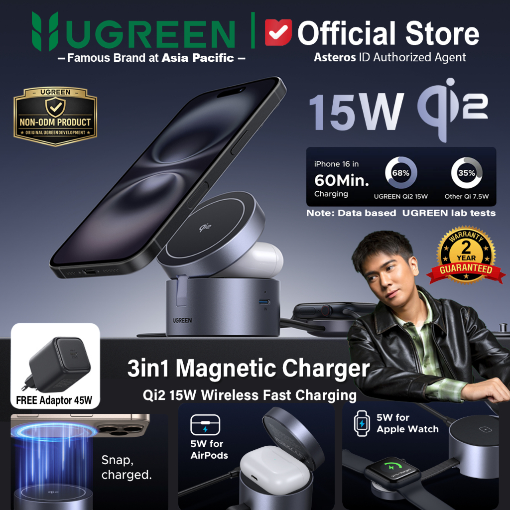 UGREEN 3 IN 1 Magsafe Qi2 Wireless Charger Stand Magnetic Fast Charging 15W For iPhone Airpods & Iwa