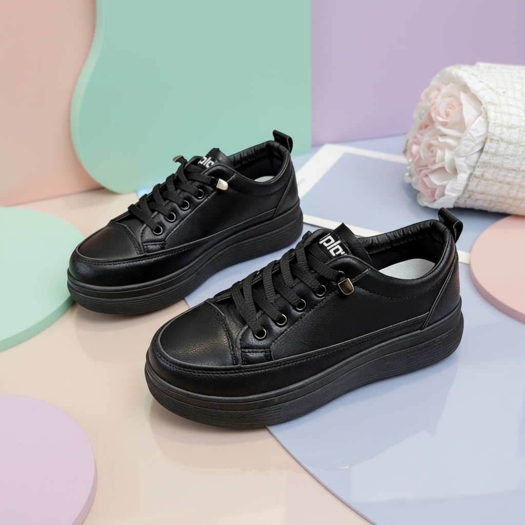 GMN Sepatu Sekolah Wanita Warna Hitam Polos Korea