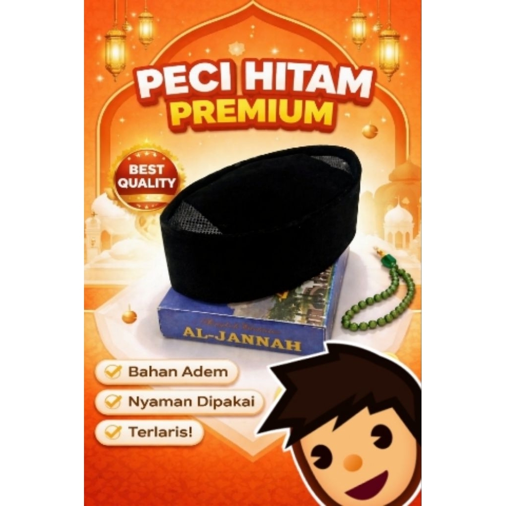 Songkok Hitam Al Jannah peci hitam premium Ukuran dewasa dan anak-anak asli Lamongan Jawa Timur