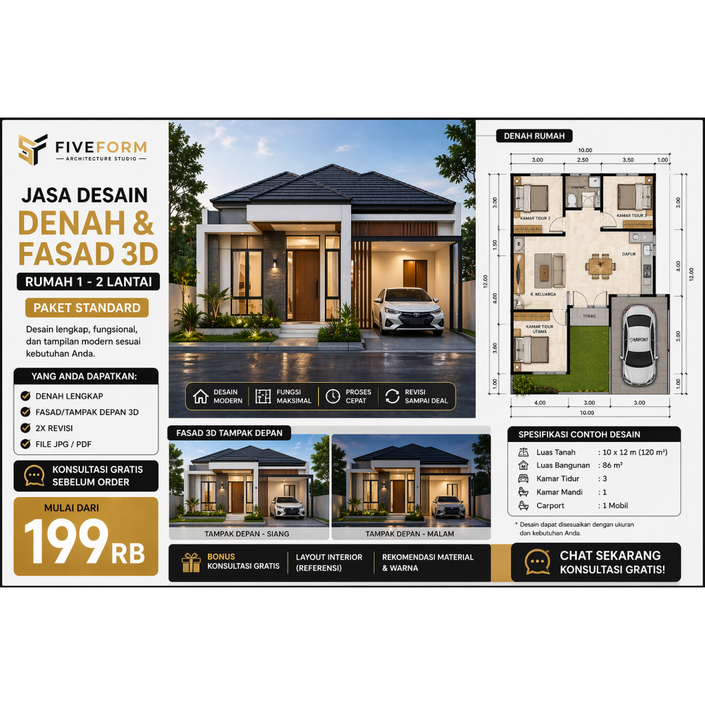 Paket Jasa Desain Denah dan Tampak 3D Rumah Jasa Desain Rumah 3D + Denah + RAB - Harga per m²